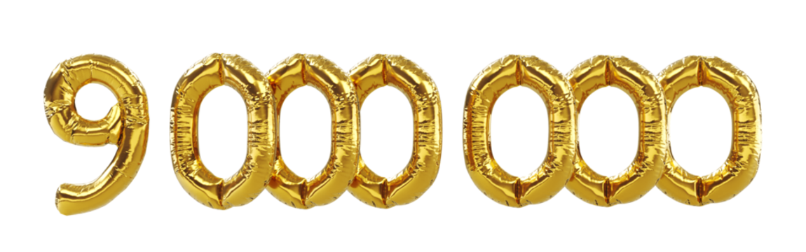 3D render of 8m or 9000000 followers thank you Gold balloons, nine millions gold number balloons