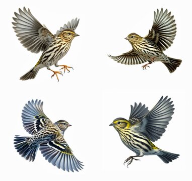 A set of male and female Pine Siskins flying isolated on a white background
