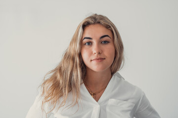 Fototapeta premium Screen view of happy millennial caucasian woman look at camera have webcam online digital conference. Portrait of smiling young female speak talk on video call at home. Virtual event concept..