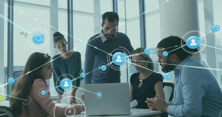 Animation of connected profile icons over diverse coworkers sharing ideas in meeting at office - Powered by Adobe