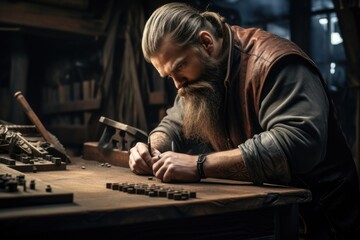Bearded craftsman working diligently in a wooden workshop.