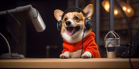 Playful Dog wearing headphones immersed in music siting on the table in front of mic, Dj chihuahua with headphones playing music and golden lights in background 