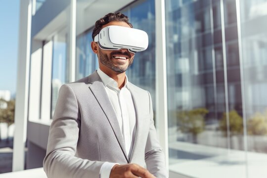 Real Estate Agent Giving Virtual Tours Of Properties Using Advanced VR Glasses.