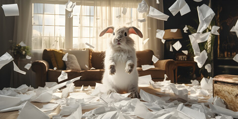 Innocent bunny surrounded by flying papers sitting on the table, Snowy Bunny in a Room Full of Flying Tissue Paper - obrazy, fototapety, plakaty
