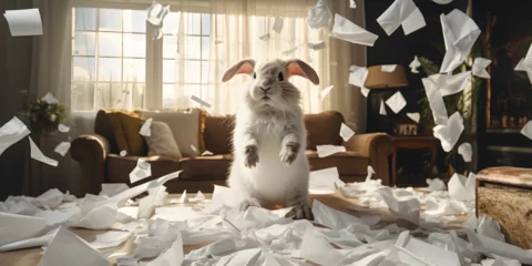 Fotobehang Innocent bunny surrounded by flying papers sitting on the table, Snowy Bunny in a Room Full of Flying Tissue Paper © Muneeb