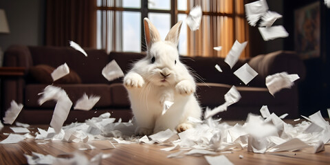 White bunny sitting on the table playing with tissue papers, White bunny having fun with tissue papers flying in air with  the accretive background