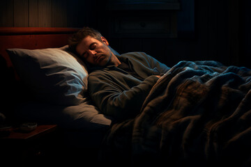 A man sleeping in bed at night - obrazy, fototapety, plakaty