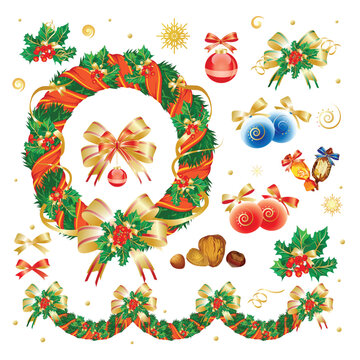 New year, Christmas symbols set, vector illustration xmass stickers, holly, holiday, golden bows, garlands, Christmas tree, sweets, decorations, gifts, sweets, advent calendar, winter tradition