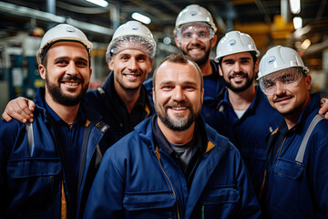 Happy construction workers standing together in the factory on the production line. - obrazy, fototapety, plakaty