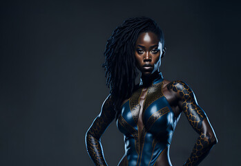 Fototapeta na wymiar Beautiful black woman wearing supehero costume. Empowered african american heroine