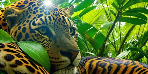 Foto op Plexiglas Predatory beast in jungle on a sunny day. Beautiful tropical rainforest illustration with wild jaguar among exotic plants with big leaves. Background with pristine nature landscape. Generative AI © Aleksei Solovev