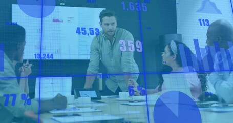 Animation of graphs and changing numbers over diverse coworkers discussing reports in office