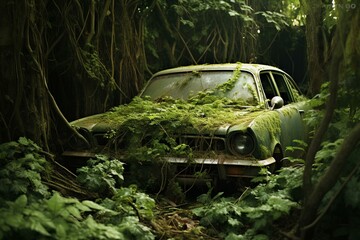 Abandoned car obscured by overgrown foliage. Generative AI