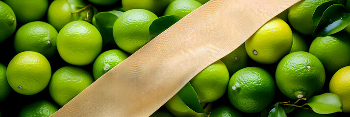 un arrière-plan rempli de citrons verts avec un rubans blanc qui traverse l'image en diagonale - bannière web	

