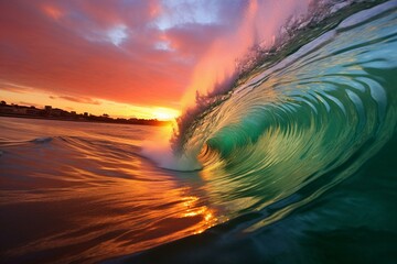 Vibrant sunrise waves crash with splashing water in the colorful ocean. Generative AI