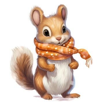 Cute Little Squirrel Wearing A Scarf Christmas Clipart Illustration