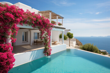 Fototapeta na wymiar White mediterranean house with swimming pool on the hill with sea view