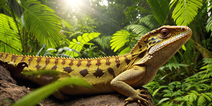 Tropical lizard in jungle on a sunny day. Rainforest illustration with bright colorful reptile among exotic plants with big leaves. Background with pristine nature landscape. Generative AI