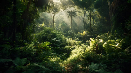Sunny rainforest, jungle, green paradise. The trees are really tall, with lots of leaves making a thick roof. A beam of sunlight comes through the leaves. Created using Generative AI technology.
