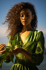 Naklejka premium a woman is closing her eyes with comfortable pose. Generative AI