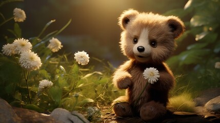 A small teddy bear with cocoa-brown fur, holding a delicate white lily in one paw