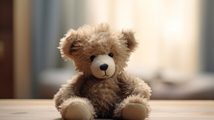 A small teddy bear with soft beige fur, sitting upright and looking towards the camera with a gentle smile