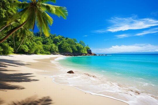 Beautiful beach with clear blue waters, sandy coastline, and lush tropical landscape. Perfect for a summer vacation with a stunning aerial view of the bay. Generative AI