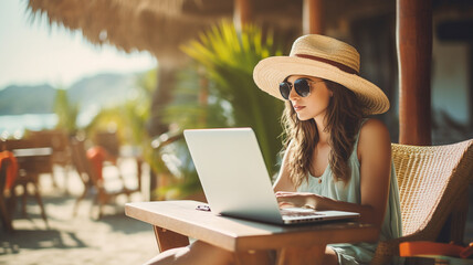 woman in hat and laptop on beach.