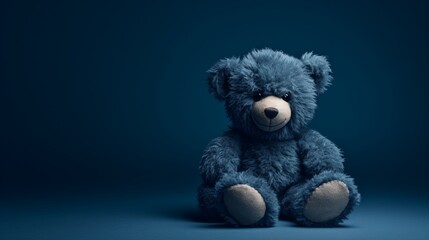 A little teddy bear with plush navy-blue fur, sitting cross-legged and radiating a sense of calm