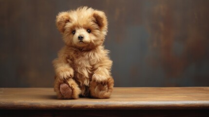 A miniature teddy bear with light caramel fur, perched on a white pedestal with a poised demeanor