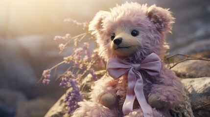 A delicate teddy bear with blush-pink fur, wearing a ribbon of soft lavender around its neck