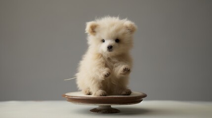 A miniature teddy bear with pale almond fur, perched on a white pedestal with a poised demeanor