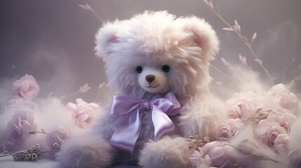 A delicate teddy bear with blush-pink fur, wearing a ribbon of soft lavender around its neck