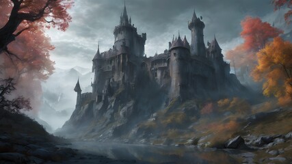 Fototapeta premium An old castle sits on the base of a cliff.Generative AI