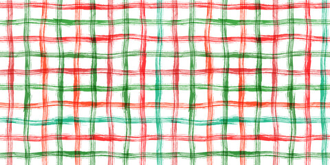 Red and green stripes seamless grunge vector pattern, hand drawn Christmas plaid background with crossing rough, irregular brush strokes - 664676396