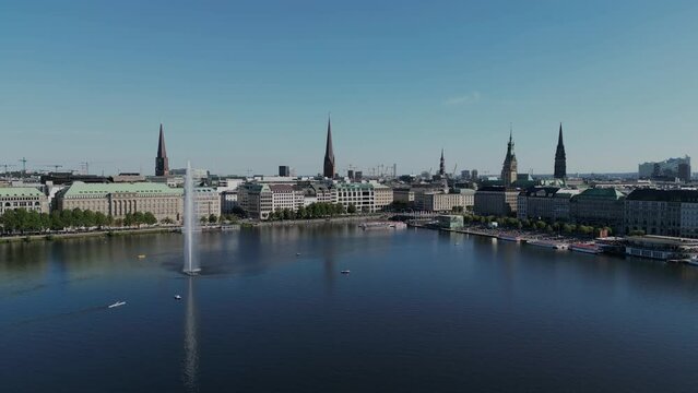 City of Hamburg from above. Panoramic aerial view of Inner Alster Lake Binnenalster in Hamburg, Germany. Center with Rathaus town hall and Alster lake in Hamburg. Cityscape Hamburg.