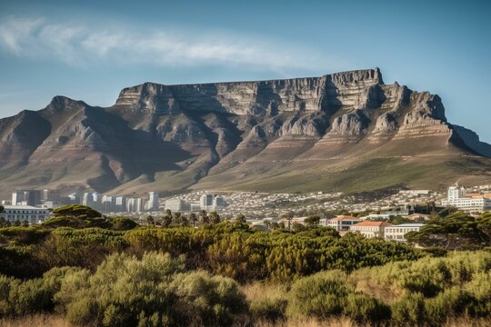 Scenic view of Cape Town with imposing Table Mountain as backdrop. Generative AI
