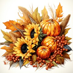A painting of a bunch of pumpkins and sunflowers. Autumn clip art.