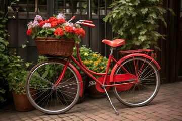 Red bike with lovely flower basket. Generative AI