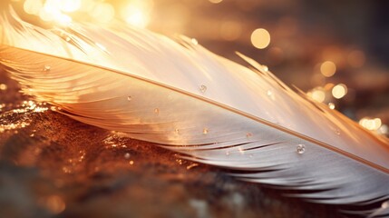 Zoom in on the captivating textures of a rain-soaked feather, glistening in the morning sun.