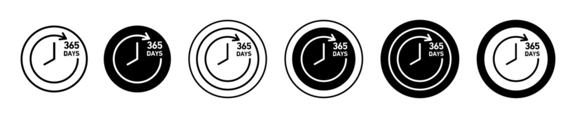 365 day Icon. 365 days open support symbol set. product warranty up to 365 day vector sign. Round badge of 1 year schedule line logo