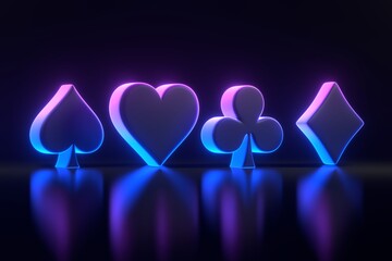 Aces cards symbols with futuristic neon blue and pink lights on a black background. Club, diamond, heart and spade icon. 3D render illustration - obrazy, fototapety, plakaty