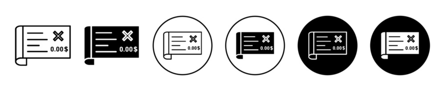 Bounced check Icon. dishonored bounced bank check symbol set. Bankruptcy cheque vector sign. Wrong ckeck bounce line logo