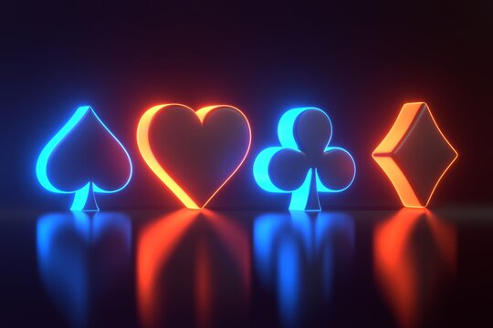 Aces cards symbols with futuristic neon blue and red lights on a black background. Club, diamond, heart and spade icon. 3D render illustration