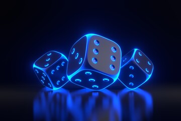 Three rolling gambling dice with futuristic neon blue lights on a black background. Lucky dice. Board games. Money bets. 3D render illustration