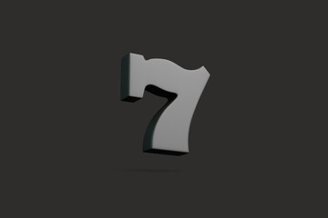 Black lucky seven on a black background. Casino symbol. 3D render illustration