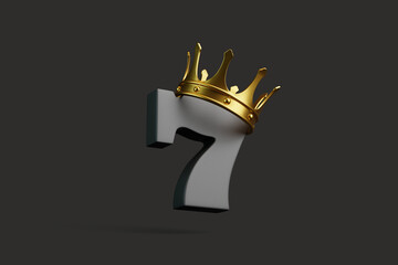 Black lucky seven with a gold crown on a black background. Casino symbol. 3D render illustration - obrazy, fototapety, plakaty