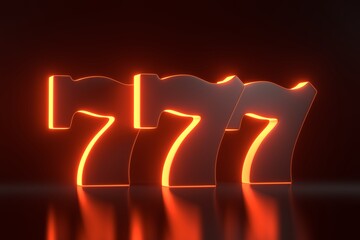 Three lucky sevens with neon orange lights on black background. Casino symbol. 3D render illustration - obrazy, fototapety, plakaty