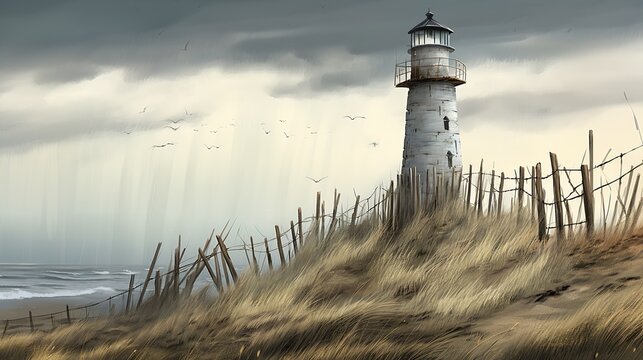 lighthouse beach birds flying pathologic gloomy weather tall grass matte jagged rocks eerie island cranes