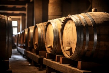 Row of Wine Barrels in an Indoor Cellar. Background with selective focus and copy space
